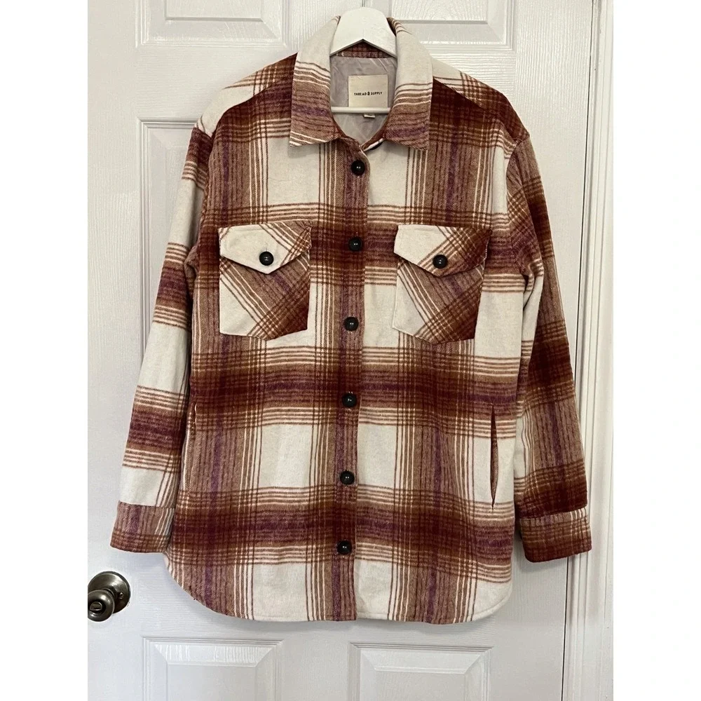 Thread & Supply Plaid Shacket Jacket Womens L Cozy Core Fall Layering Lumberjack